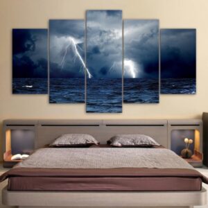 cloud waves sea ocean storm lightning - Nature 5 Panel Canvas Art Wall Decor