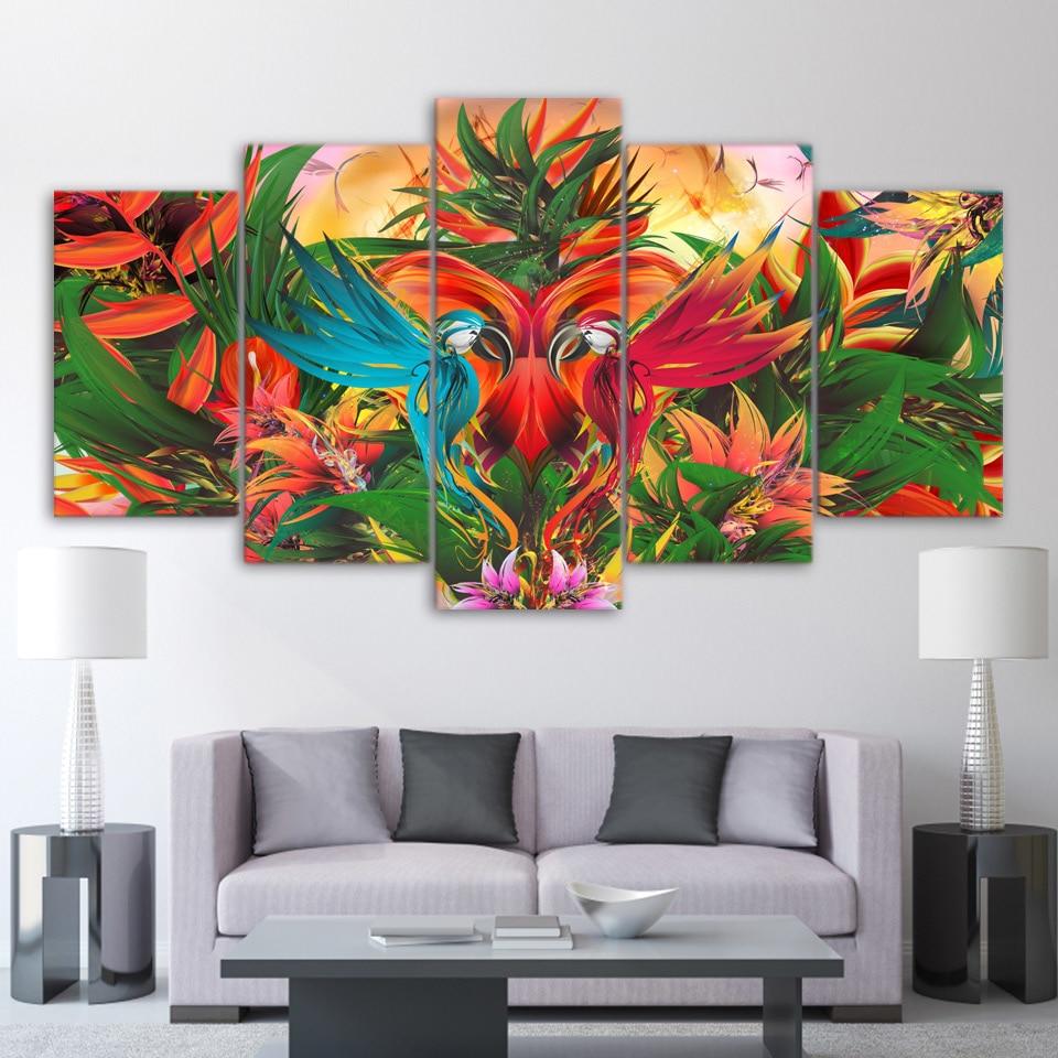 colorful flowers birds - Abstract 5 Panel Canvas Art Wall Decor colorful flowers birds - Abstract 5 Panel Canvas Art Wall Decor