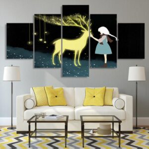 comic girl and Elk - Abstract 5 Panel Canvas Art Wall Decor