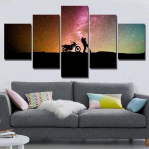 couple silhouette motorcycle romantic kiss - Abstract 5 Panel Canvas Art Wall Decor