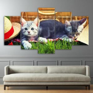 cute cats on grass - Animal 5 Panel Canvas Art Wall Decor