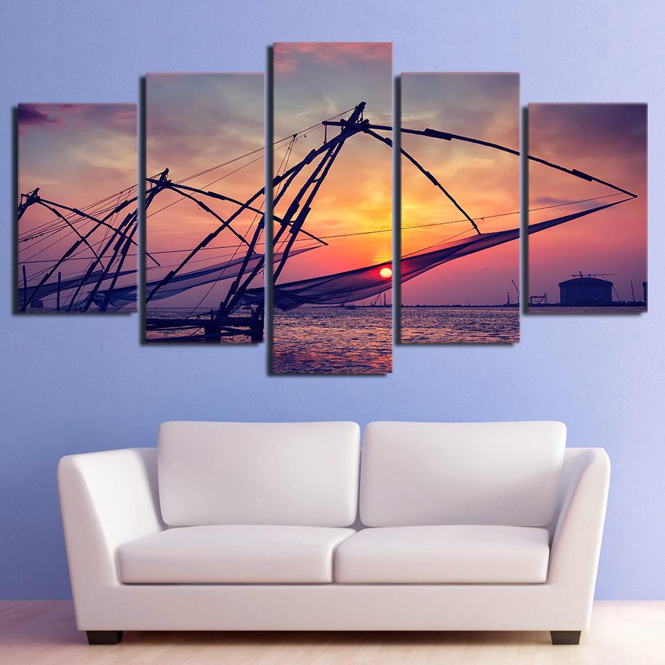 dusk bay sailing boats - Fishing 5 Panel Canvas Art Wall Decor dusk bay sailing boats - Fishing 5 Panel Canvas Art Wall Decor
