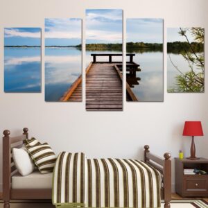 ecoration lake forest wooden bridge - Nature 5 Panel Canvas Art Wall Decor