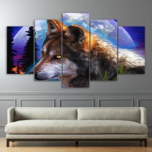 fantasy wolf moon night - Animal 5 Panel Canvas Art Wall Decor