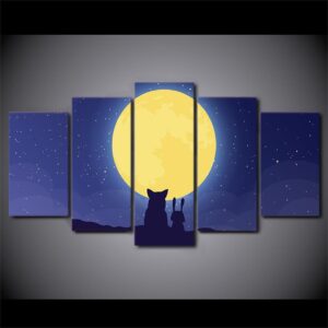 fox rabbit moon - Cartoon 5 Panel Canvas Art Wall Decor
