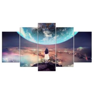 girl abstract city scenery lonely - Abstract 5 Panel Canvas Art Wall Decor