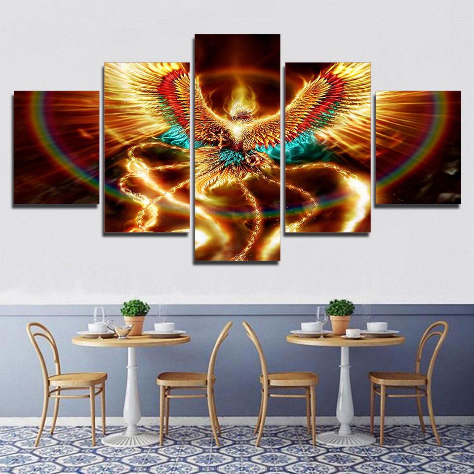 gold Phoenix bird -Abstract 5 Panel Canvas Art Wall Decor gold Phoenix bird -Abstract 5 Panel Canvas Art Wall Decor
