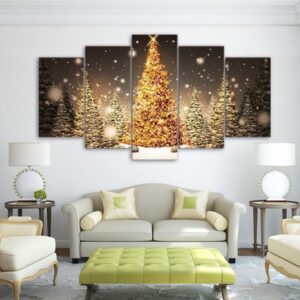 golden christmas trees - Nature 5 Panel Canvas Art Wall Decor