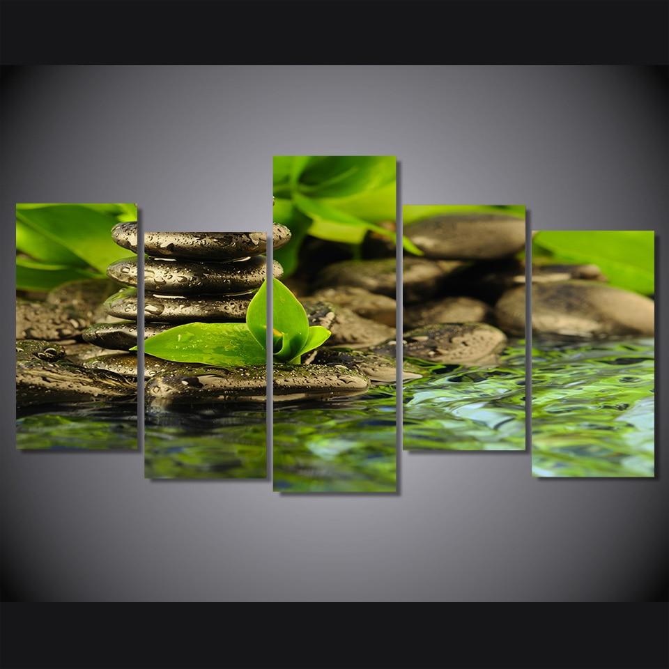 green leaves water sprint stone - Nature 5 Panel Canvas Art Wall Decor green leaves water sprint stone - Nature 5 Panel Canvas Art Wall Decor