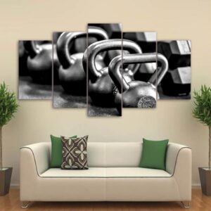 gym dumbells metal black and white - Sport 5 Panel Canvas Art Wall Decor