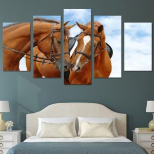 horses sky blue - Animal 5 Panel Canvas Art Wall Decor