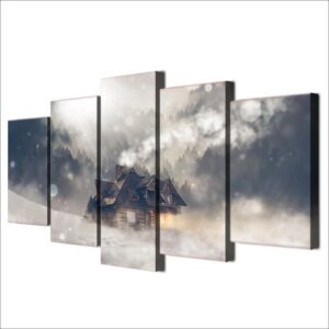 house snow forest sunshine - Nature 5 Panel Canvas Art Wall Decor