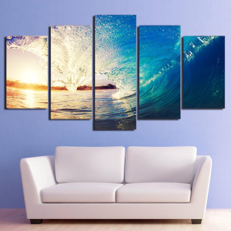 huge waves blue sea sunset - Nature 5 Panel Canvas Art Wall Decor huge waves blue sea sunset - Nature 5 Panel Canvas Art Wall Decor