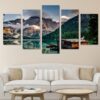 lake boat mountain 01 - Nature 5 Panel Canvas Art Wall Decor