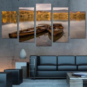 lake floating boat yellow forest sunset - Nature 5 Panel Canvas Art Wall Decor