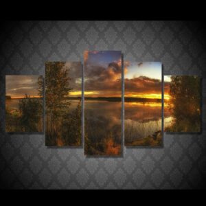 leto ozero bereg lodka kamni - Nature 5 Panel Canvas Art Wall Decor