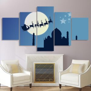 moon night Santas sleigh - Abstract 5 Panel Canvas Art Wall Decor