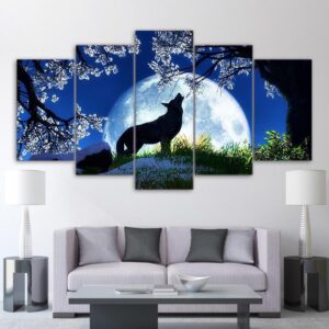 moon night howling wolf 02 - Animal 5 Panel Canvas Art Wall Decor