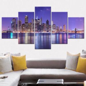night seaside city - Nature 5 Panel Canvas Art Wall Decor