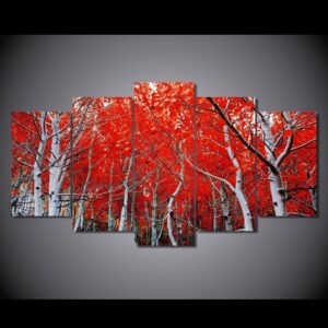 red autumn Maple Leaf - Nature 5 Panel Canvas Art Wall Decor