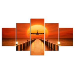 red roseairplane sunset takeoff 01 - Aircraft 5 Panel Canvas Art Wall Decor