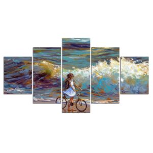 sea water bicycle sky - Abstract 5 Panel Canvas Art Wall Decor