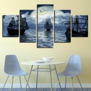 seagull war ship on the sea - Space 5 Panel Canvas Art Wall Decor