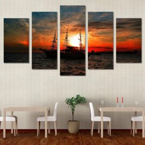 seascape ocean boat sunset clouds - Nature 5 Panel Canvas Art Wall Decor