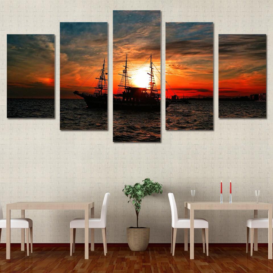 seascape ocean boat sunset clouds - Nature 5 Panel Canvas Art Wall Decor seascape ocean boat sunset clouds - Nature 5 Panel Canvas Art Wall Decor