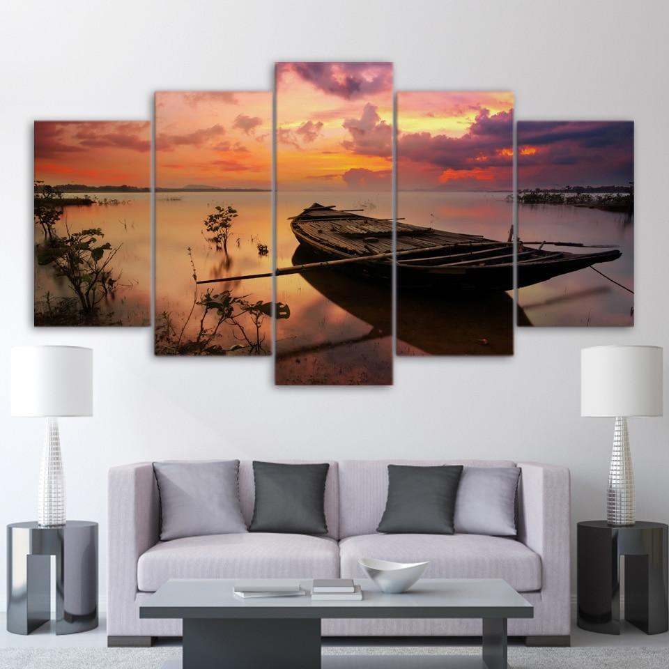 sunset boat silence lake - Space 5 Panel Canvas Art Wall Decor sunset boat silence lake - Space 5 Panel Canvas Art Wall Decor