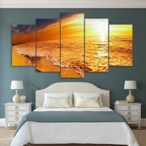 sunset dusk sea beach waves - Space 5 Panel Canvas Art Wall Decor