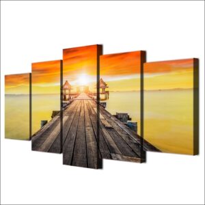 sunset rosy clouds boardwalk - Space 5 Panel Canvas Art Wall Decor