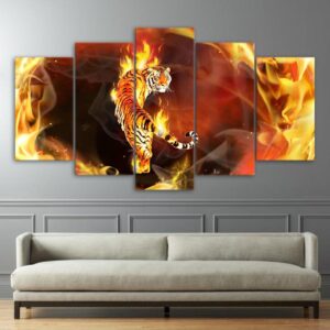 tiger in flame - Animal 5 Panel Canvas Art Wall Decor