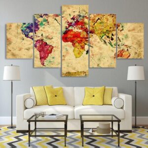vintage world map 01 - World Map 5 Panel Canvas Art Wall Decor