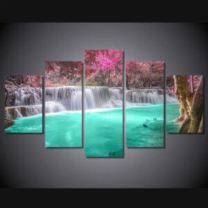 waterfall forest landscape 01 - Nature 5 Panel Canvas Art Wall Decor