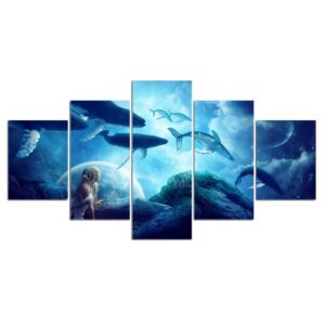 whale planet clouds water blue - Animal 5 Panel Canvas Art Wall Decor