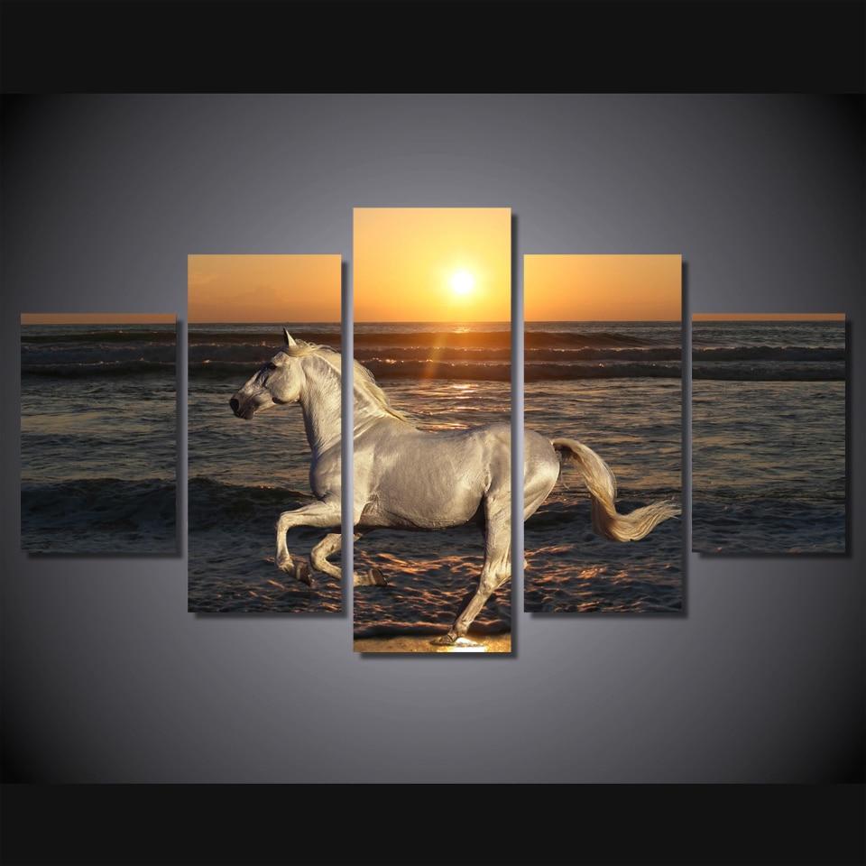 white horse at the beach - Animal 5 Panel Canvas Art Wall Decor white horse at the beach - Animal 5 Panel Canvas Art Wall Decor