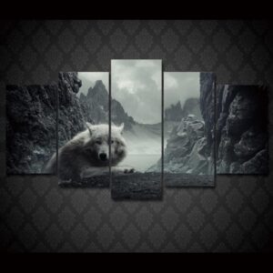 white wolf in the mountains - Animal 5 Panel Canvas Art Wall Decor