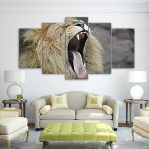wildlife lion mouth - Animal 5 Panel Canvas Art Wall Decor