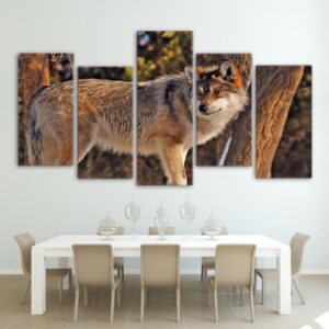 wolf in forest 1 - Animal 5 Panel Canvas Art Wall Decor