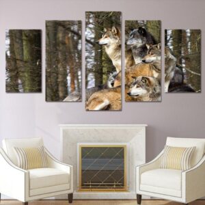 wolf pack 1 - Animal 5 Panel Canvas Art Wall Decor