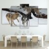 wolf playing in the snow - Animal 5 Panel Canvas Art Wall Decor