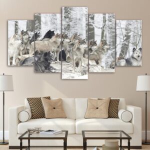wolves group 01 - Animal 5 Panel Canvas Art Wall Decor