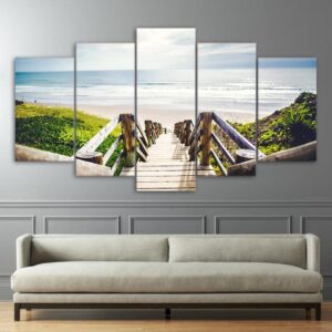 wooden stairs beach - Space 5 Panel Canvas Art Wall Decor