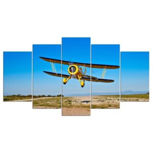 yellow aircraft blue sky - Aircraft 5 Panel Canvas Art Wall Decor